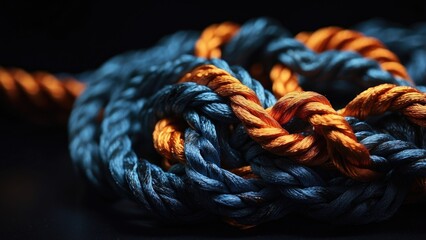 A close-up of a tightly tied knot in a thick, colorful rope