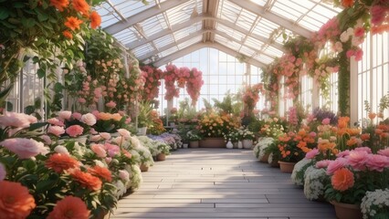 A vibrant greenhouse filled with an array of colorful flowers in pots, arranged along wooden shelves and the floor