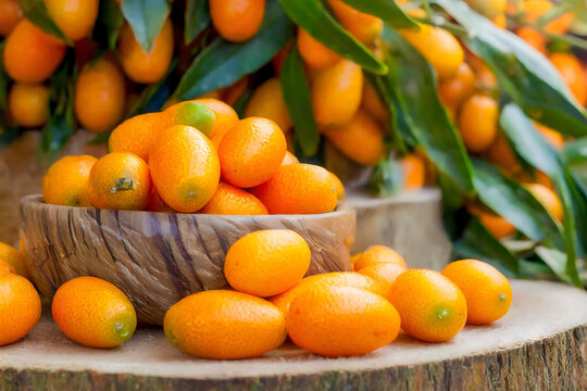 A vibrant display of fresh, juicy kumquats in a rustic setting, symbolizing natural abundance