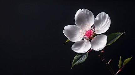 Obraz premium A delicate cherry blossom, single with softly curved white petals at the edges and vibrant pink at the center, set against a dramatic pitch-black background.