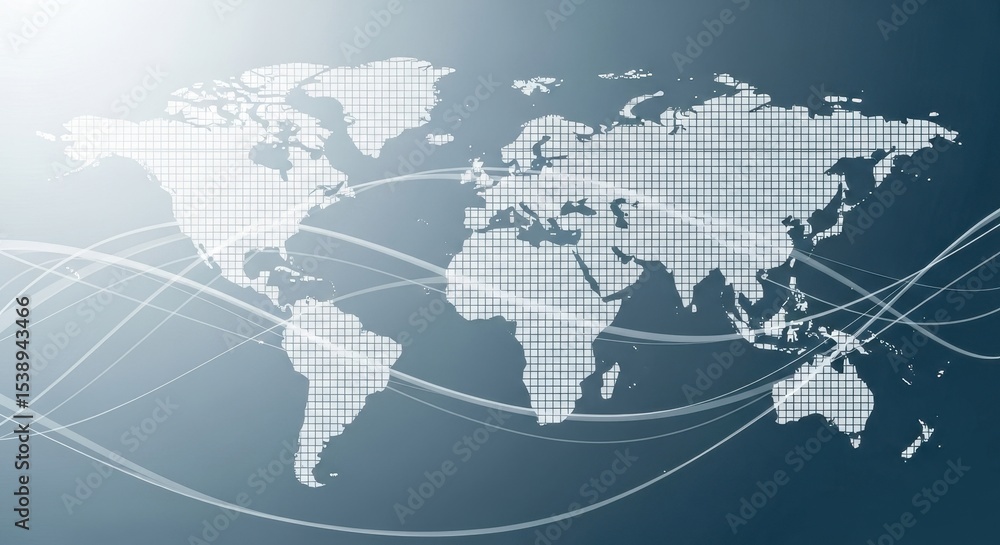 Poster world map with digital network lines over gradient background