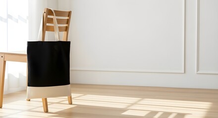 Minimalist Black and White Check Canvas Tote Bag Hanging on Wooden Chair in Bright Indoor Light