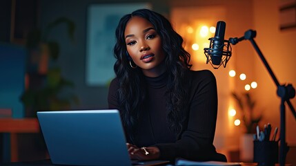 A woman with curly hair, wearing headphones and glasses, is engaging in a recording session at a wooden desk.