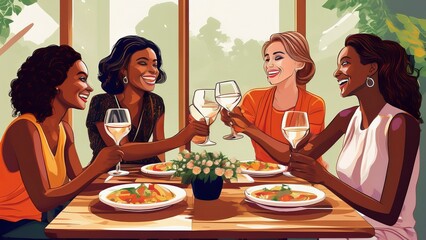 Diverse Group of Women Friends Enjoying Wine and Dining, Toasting with Glasses in a Restaurant, Celebrating, and Having a Good Time.
