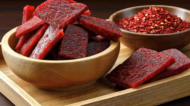 Explore savory and sweet flavors with traditional jerky and dried fruits in an Asian market setting