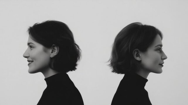 A white background Two identical women standing back-to-back slightly apart, shown in bust-up side profile The woman on the left wears a smile, while the one on the right has a blank