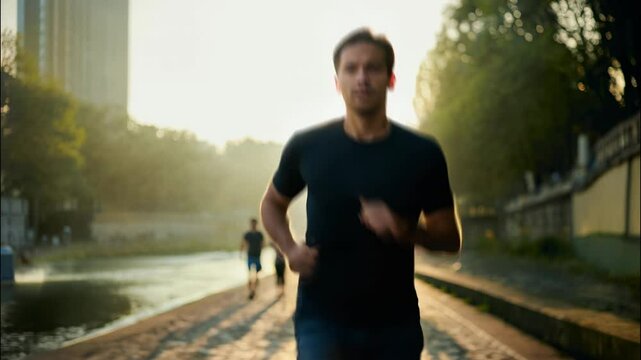 Young athletic man jogging along a riverside at sunrise, focused expression, healthy outdoor lifestyle, golden hour lighting. Generative AI