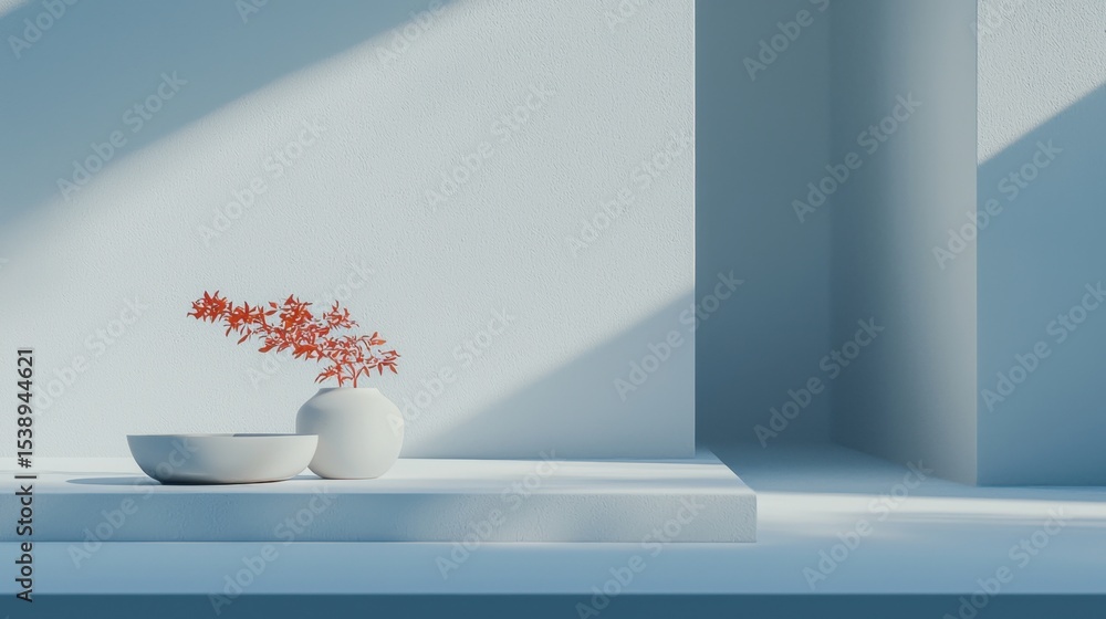 Poster elegant modern still life featuring red foliage in a minimalistic setting with soft shadows and mute
