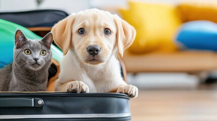 A playful and adorable Labrador retriever puppy nestled comfortably inside a suitcase, wagging its tail with curiosity and energy.