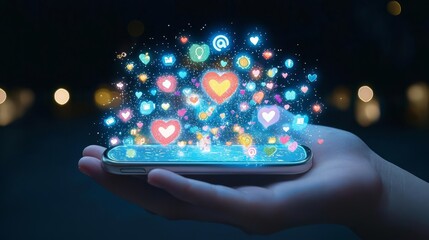 A hand holding a smartphone with colorful social media icons and hearts floating above, symbolizing digital connection.