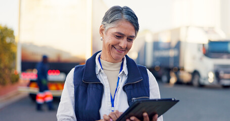 Logistics, smile and truck with woman and tablet for fleet manager, shipping route or delivery....
