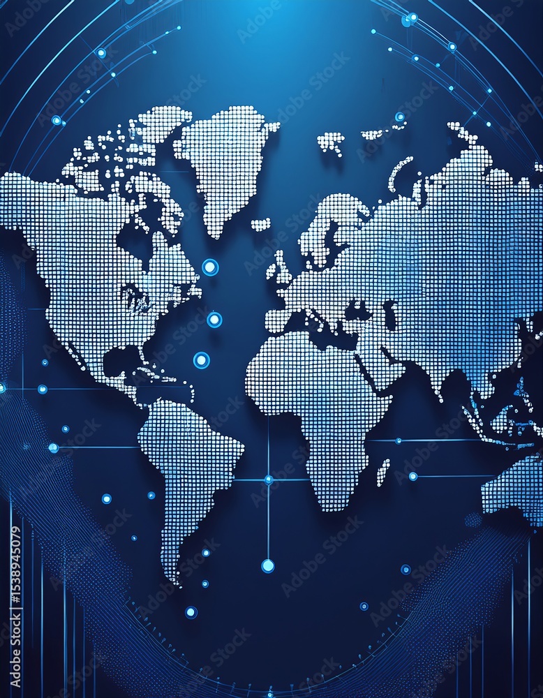 Poster digital world map with glowing dots and lines on a blue background, representing connectivity, globa