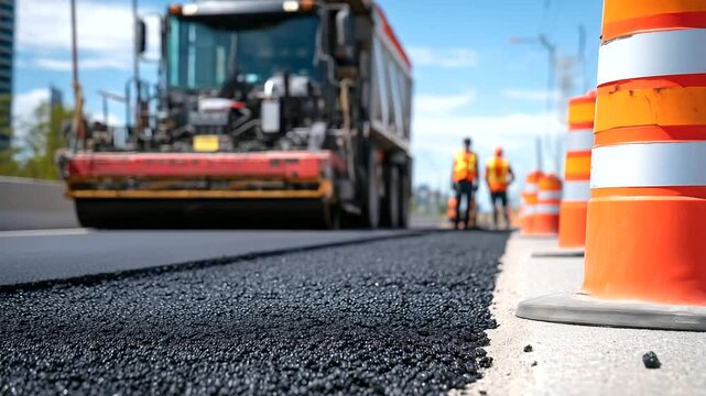 Construction zone filled with orange cones, asphalt truck offloading into paving machine, men direct flow and measure surface temps