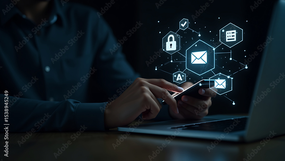 Poster email security and code confirmation process on smartphone with laptop nearby. email network securit