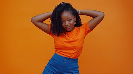 A woman with long, braided hair styled up is posing against a vibrant orange background.