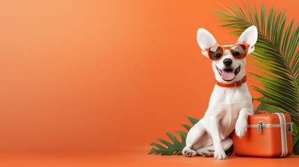 Adorable dog companion sitting next to a suitcase, wearing tropical-themed sunglasses, conveying a sense of relaxation and adventure.