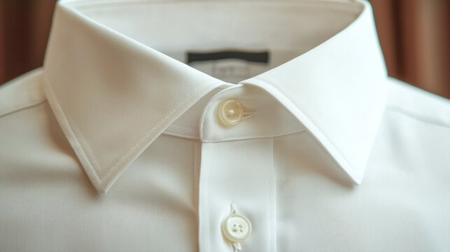 Crisp white dress shirt displayed on a neutral background showcasing detailed button closure and collar for formal occasions