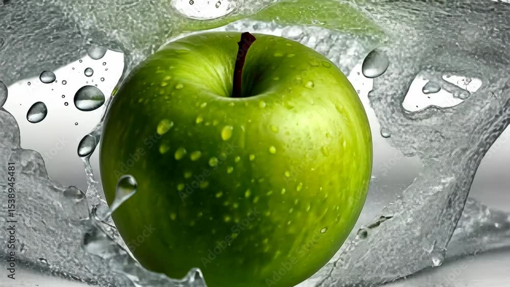 Aufkleber green apple splashes into water creating ripples as droplets form around it in a bright and fresh se