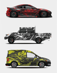Three Abstract Car Wraps Designs for Sports Car Pickup Truck and Van