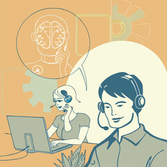 Customer support agents with headsets and modern technology vector concept