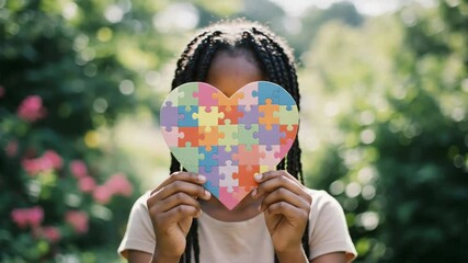 African American girl holding large puzzle heart. Autism awareness concept displaying colorful heart shape outdoors in park setting, footage. - Powered by Adobe