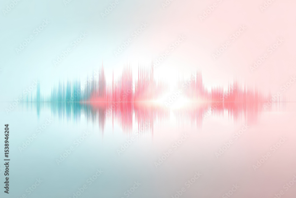 Poster abstract sound wave visualization with soft pastel colors blending blue and pink, creating calm and 