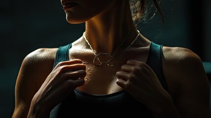 A fit woman in a sports bra hangs from gymnastic rings in a dimly lit training space.