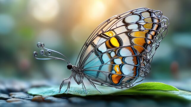 Elegant wire butterfly with intricate loops and curved wings, in a resting position on a minimal leaf structure.