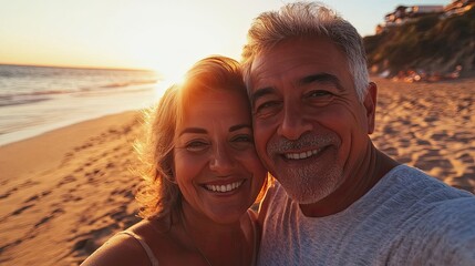 A cheerful senior couple smiles together on the beach during sunset.