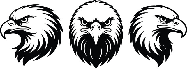 Three eagle head illustrations in black and white vector format