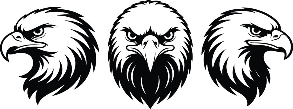 Three eagle head illustrations in black and white vector format