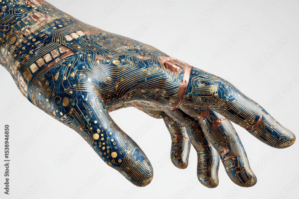 Aufkleber futuristic robotic hand with intricate circuit board patterns and metallic details, symbolizing adva