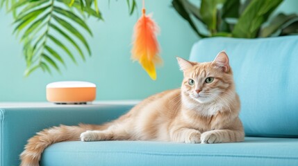 A whimsical scene of a curious and playful cat exploring an interactive playroom with soft textures, soothing warm lighting, and a calm, serene atmosphere