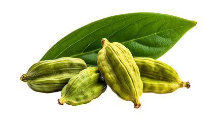 Green cardamom pods with fresh leaf isolated on white background for spice concept
