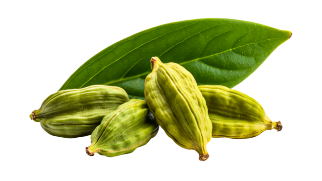 Green cardamom pods with fresh leaf isolated on white background for spice concept

