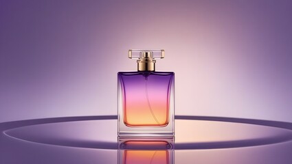 Minimalist Perfume Bottle with Gold Cap on Sunset Gradient Background 
