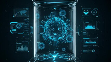 Glowing Blue Virus in Glass Container with Futuristic Data Interface - Powered by Adobe