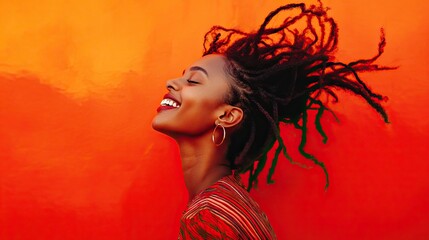 A joyful woman with long, flowing dreadlocks dances against a vibrant orange background.