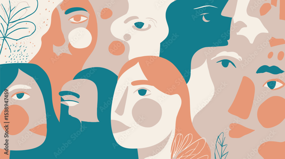 Poster diverse faces assemble abstractly creating unity design art