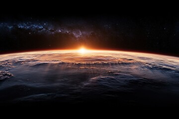 Fototapeta premium Panoramic view of the Earth, sun, star and galaxy. Sunrise over planet Earth, view from space
