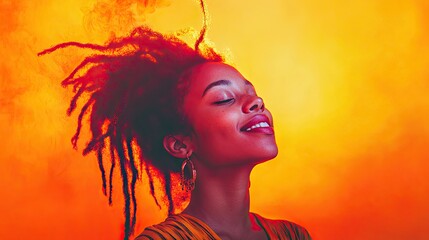 A joyful woman with long, flowing dreadlocks dances against a vibrant orange background.