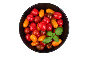 Cherry Tomatoes, Basil in Black Bowl, isolated on white background