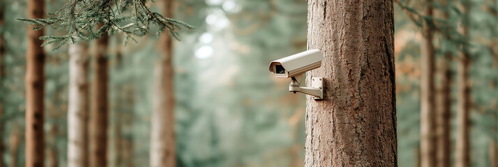 Surveillance camera mounted on a tree in a forest with soft background focus creating a contrast between technology and nature
