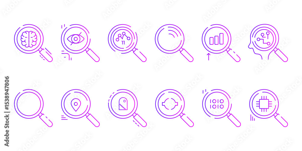 Poster a set of stylish vector icons in purple-pink tones: magnifying glass with ai, binary code, data, geo