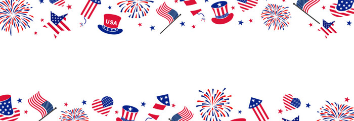 4th july Independence Day fireworks frame .Red, blue fireworks for 4th of July . Fourth of July background . United States of America celebration firecrackers border . USA exploding fireworks .