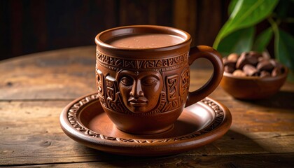 A traditional carved cup of chocolate evokes ancient culture, heritage of cacao rituals and the origins of ceremonial hot beverages in early civilizations