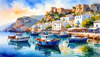Watercolor depiction of a Mediterranean fishing village capturing coastal charm, relaxed lifestyle, and summer holiday vibes on a bright sunny day