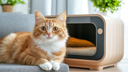 A graceful feline relaxing on a comfortable, stylish lounge with neutral-toned decor and furnishings, creating a serene and sophisticated atmosphere.