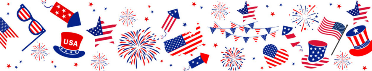 4th july Independence Day fireworks border .Red, blue fireworks for 4th of July . Fourth of July background . United States of America celebration firecrackers  . USA exploding fireworks .