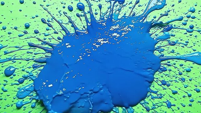 Explode blue paint splash splatters widely across a smooth green background, the intense blue hues flowing dynamically and creating striking contrast with the lush surroundings.